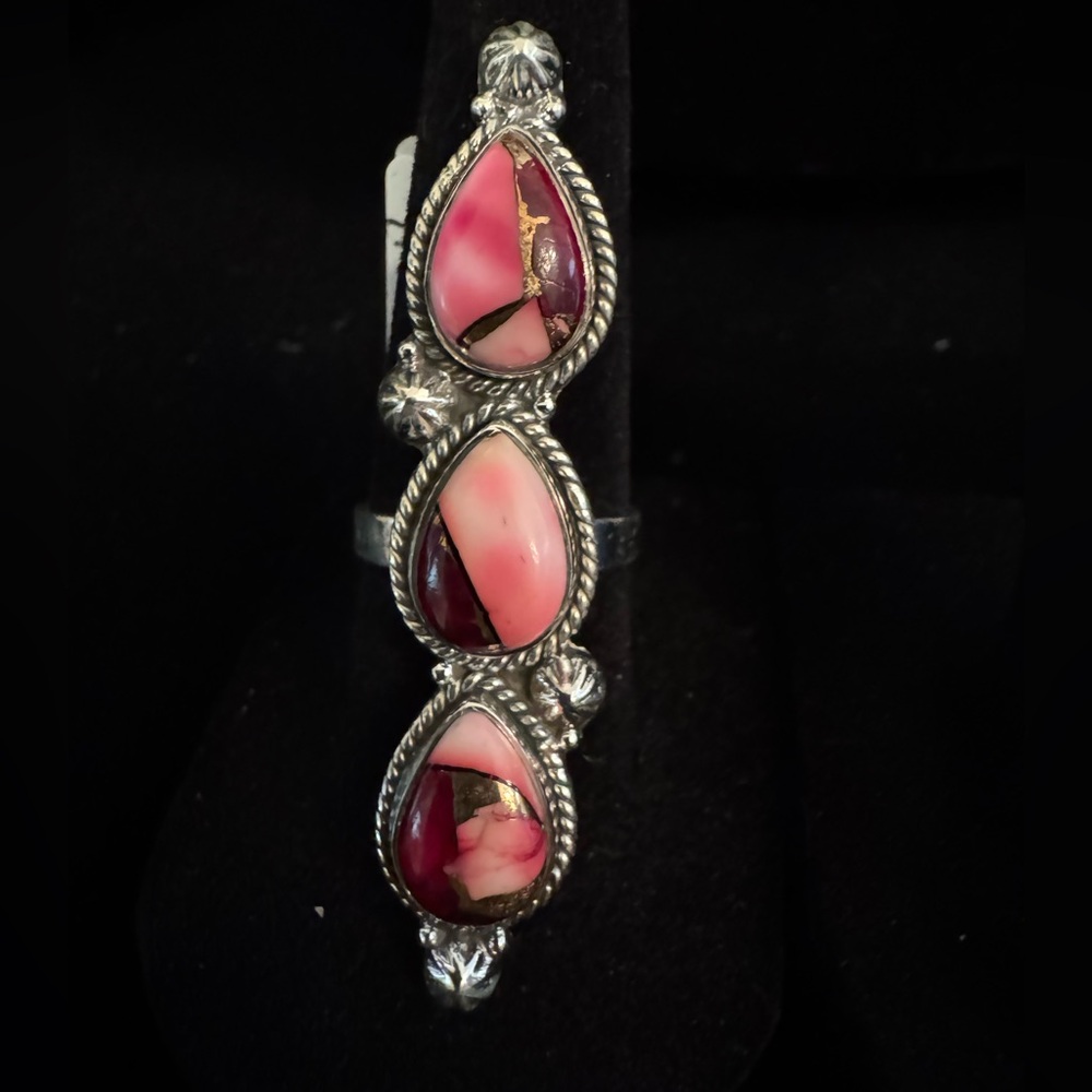 Elegant red dahlia turquoise and sterling Silver Teardrop statement Ring